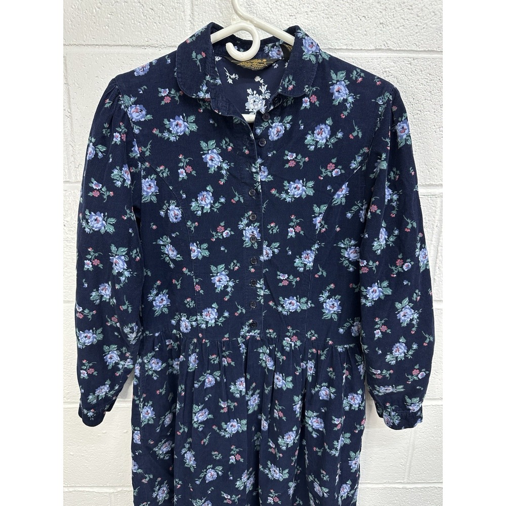 Vintage 90s Eddie‎ Bauer Corduroy Shirtdress Floral Print Swing Dress / Small